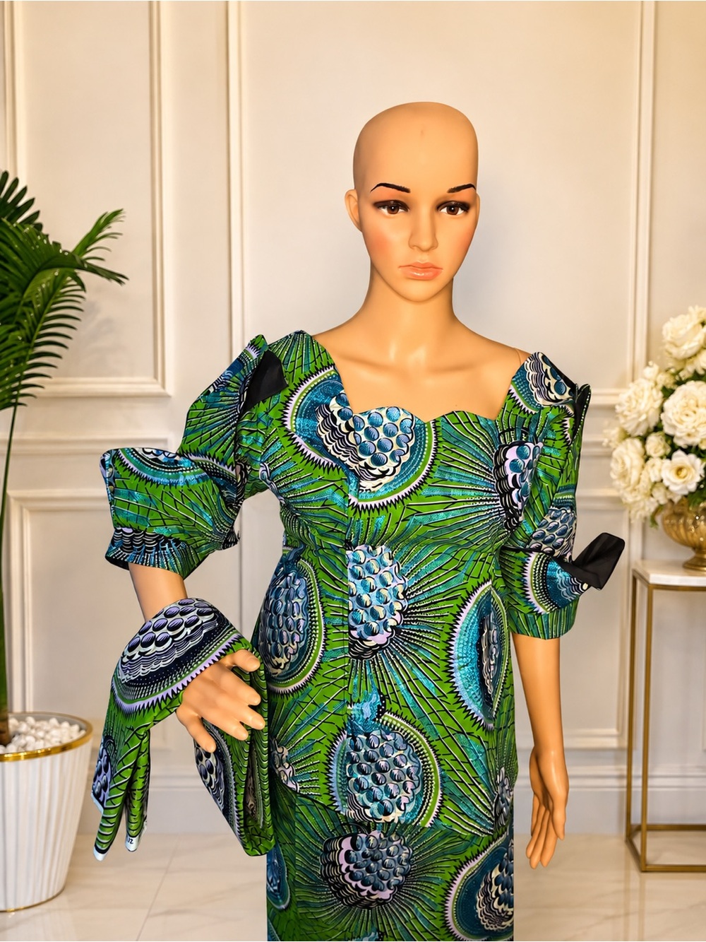 Green One-Shoulder Printed Dress with Puff Sleeve Detail